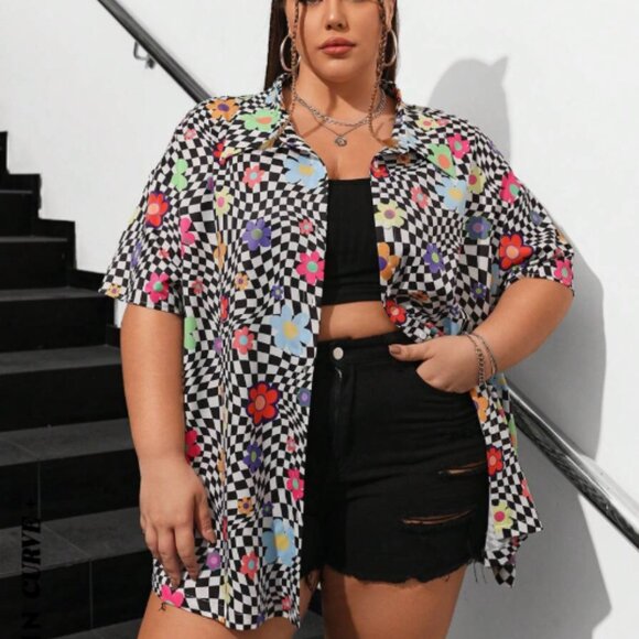 SHEIN Plaid Floral Dropped Shoulder Short Sleeve Collared Y2K Button Down 5X/22 - Picture 2 of 7